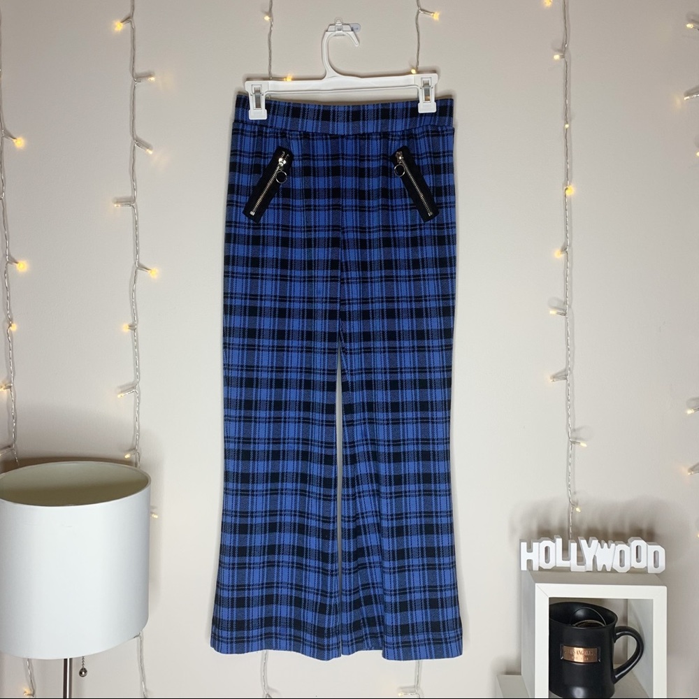 wide-legged blue and black plaid pants
